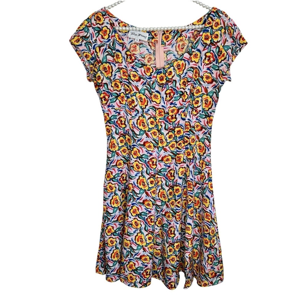 VTG Paris Blues Y2k Babydoll Mini Dress 7 Cottage Floral Romantic Festival USA